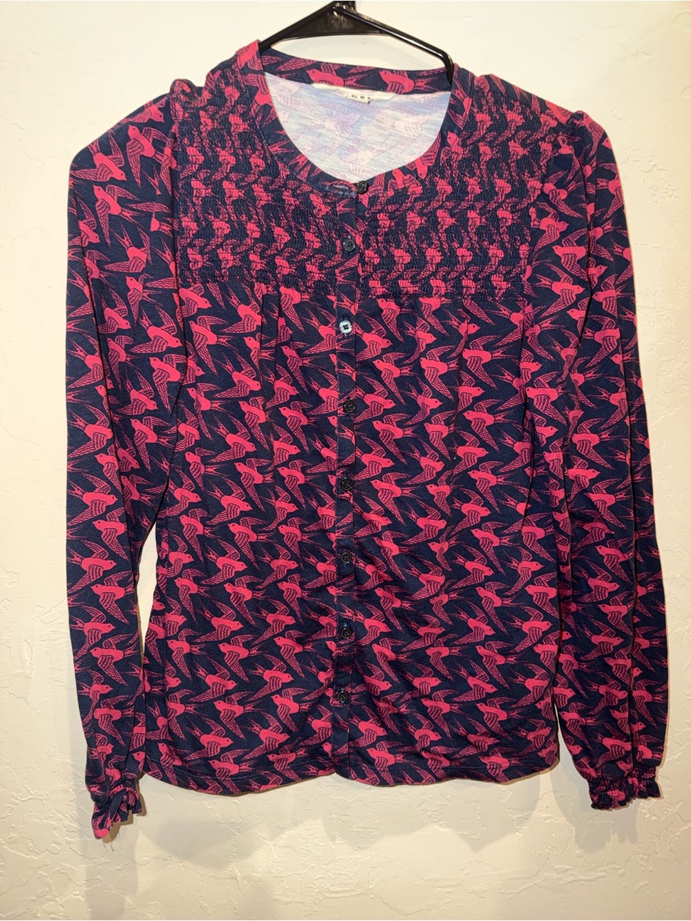 Boden Women’s Navy Pink Bird Print  Round Neck Button Long Sleeve US Size 4